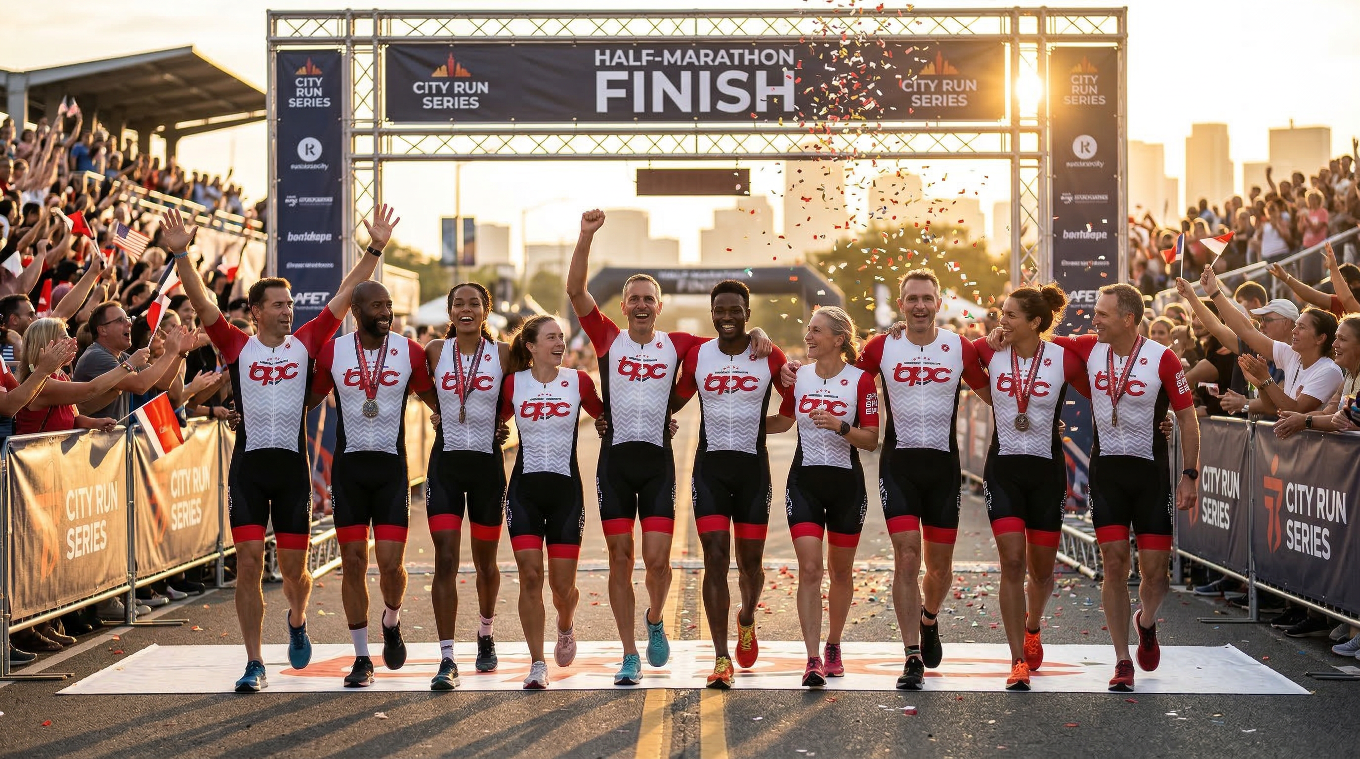 Groupe de coureurs BPC franchissant la ligne d'arrivée d'un semi-marathon