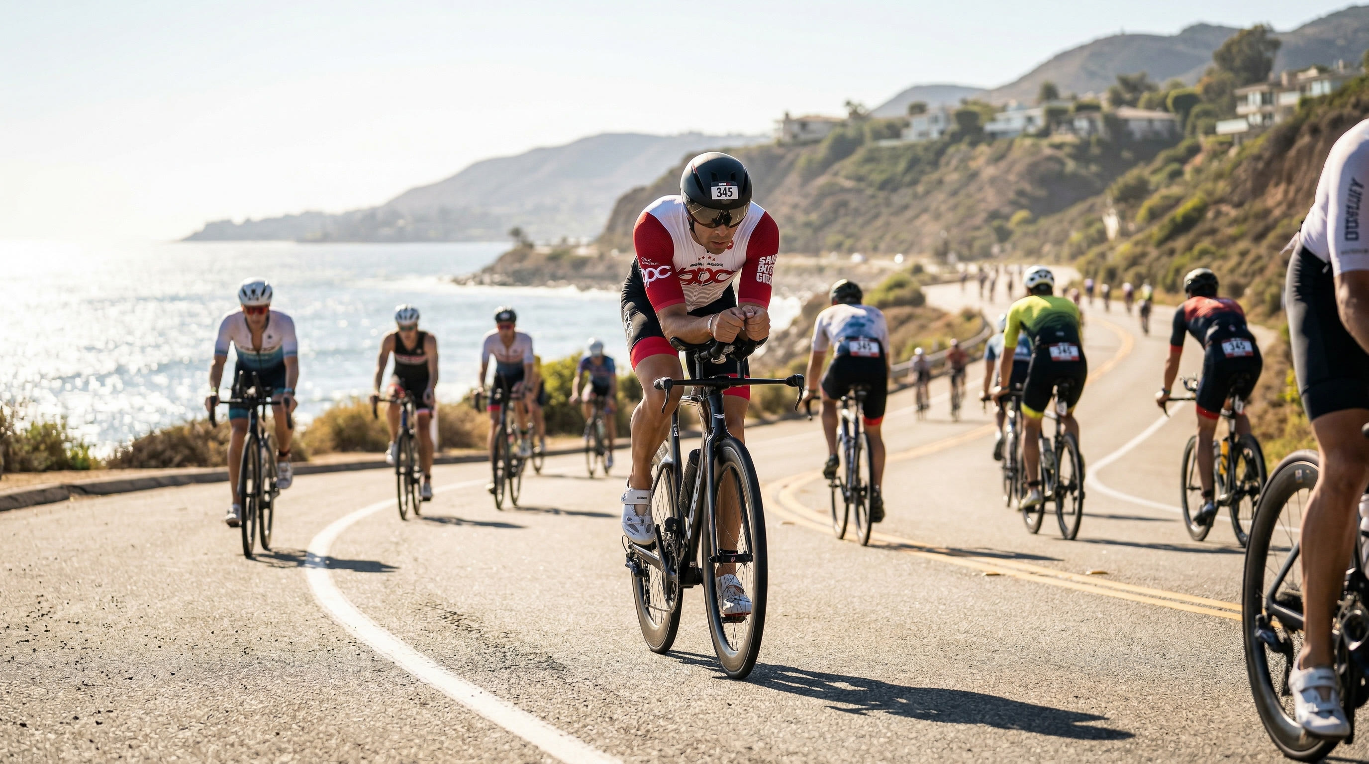 Peloton vélo dense sur route côtière lors d'un IRONMAN 70.3