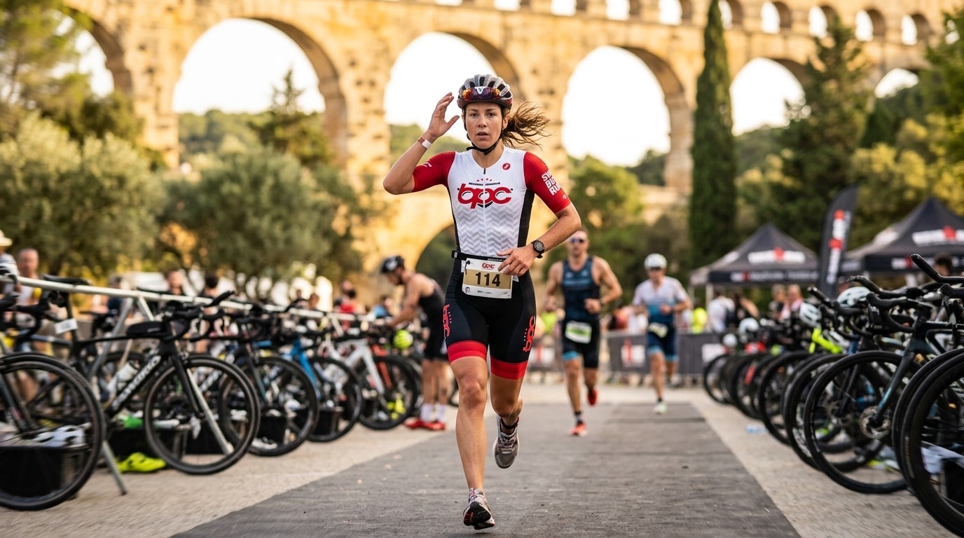 Triathlète féminine en tenue BPC en transition avec le Pont du Gard en arrière-plan