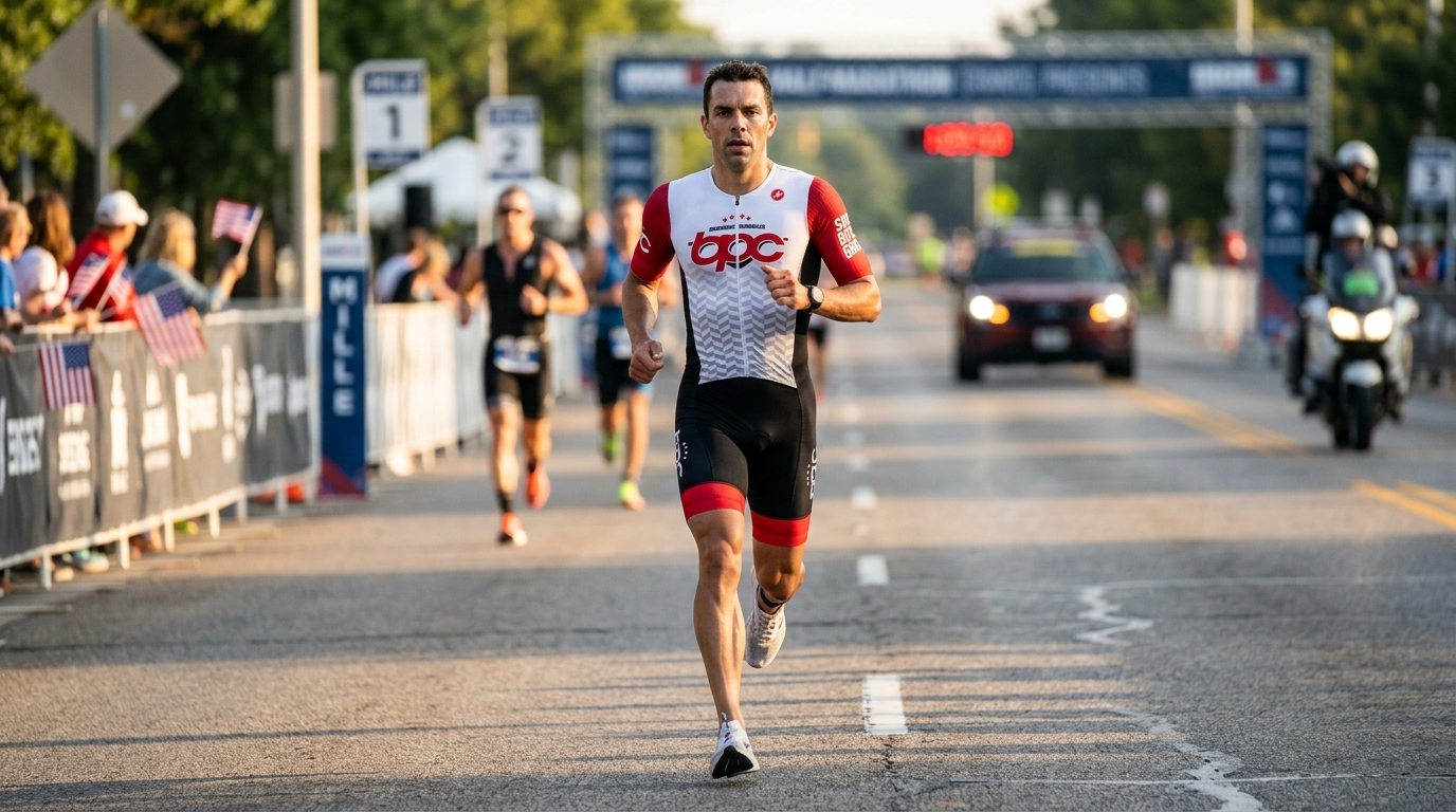 Triathlète en trisuit BPC en effort sur semi-marathon