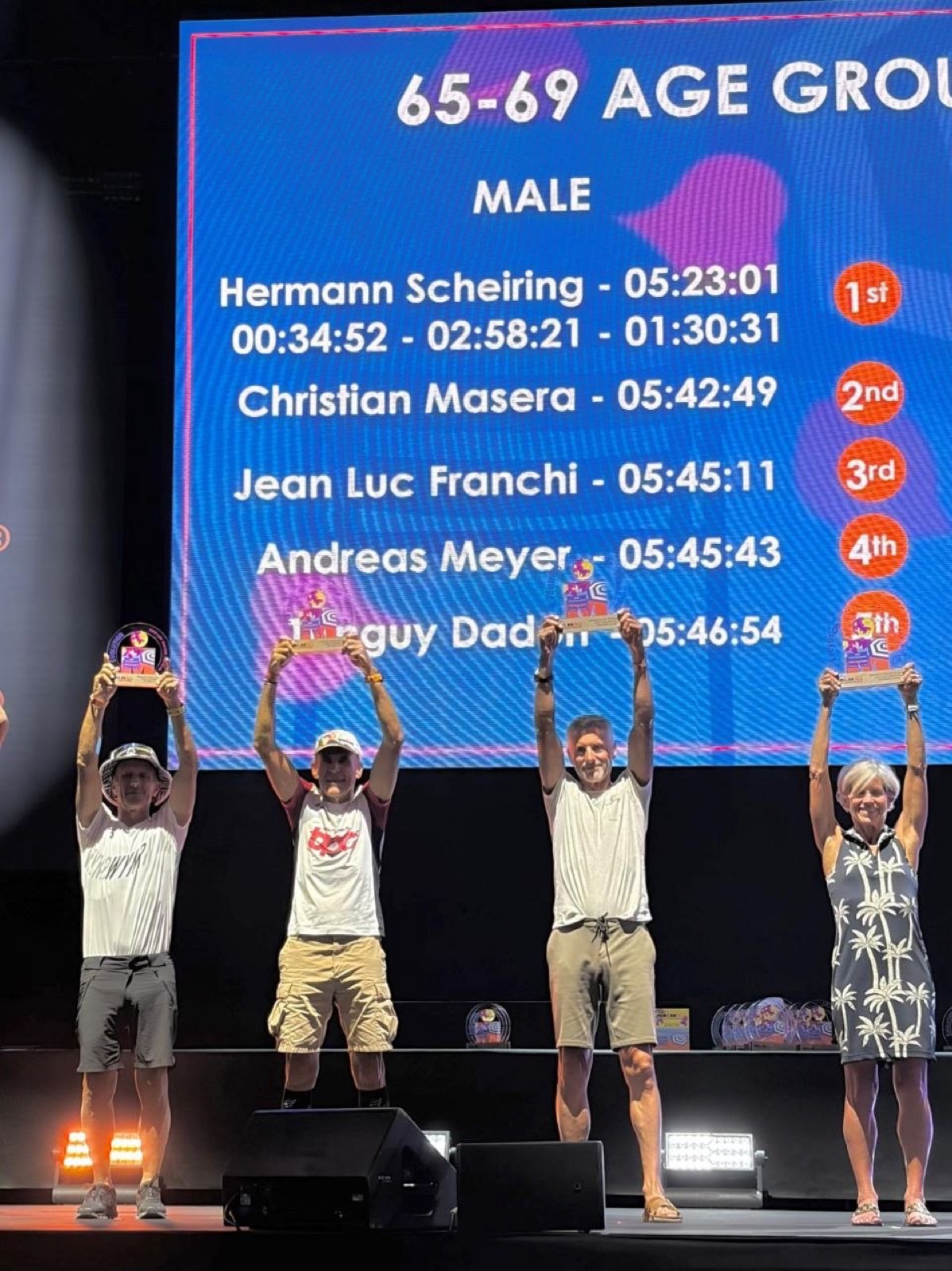 Christian Masera sur le podium M65-69 du Championnat du monde IRONMAN 70.3 Nice 2026.