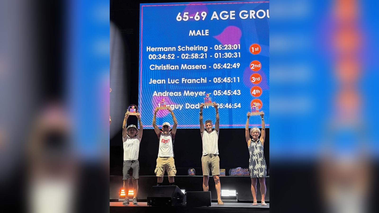 Christian Masera sur le podium M65-69 du Championnat du monde IRONMAN 70.3 Nice 2026.