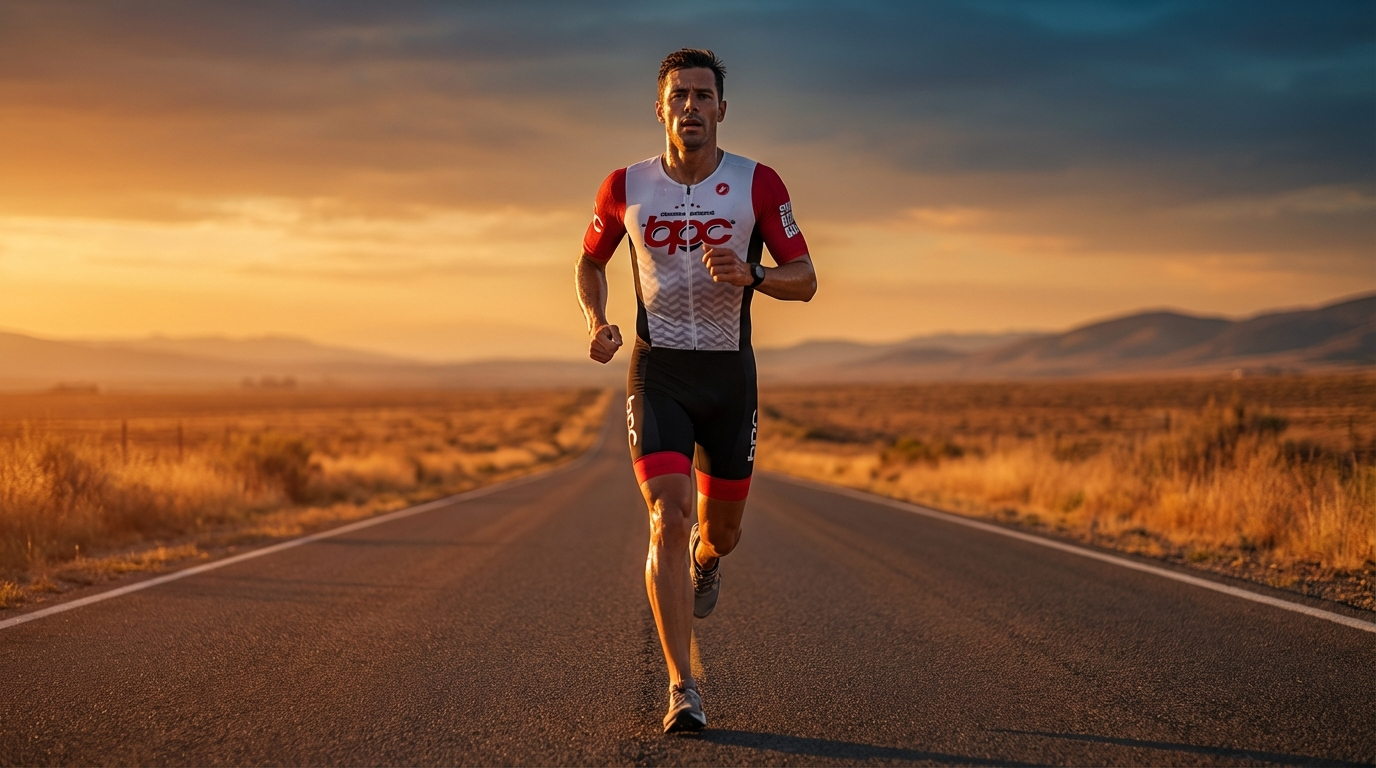 Triathlète en tenue BPC en course à pied longue distance sur route