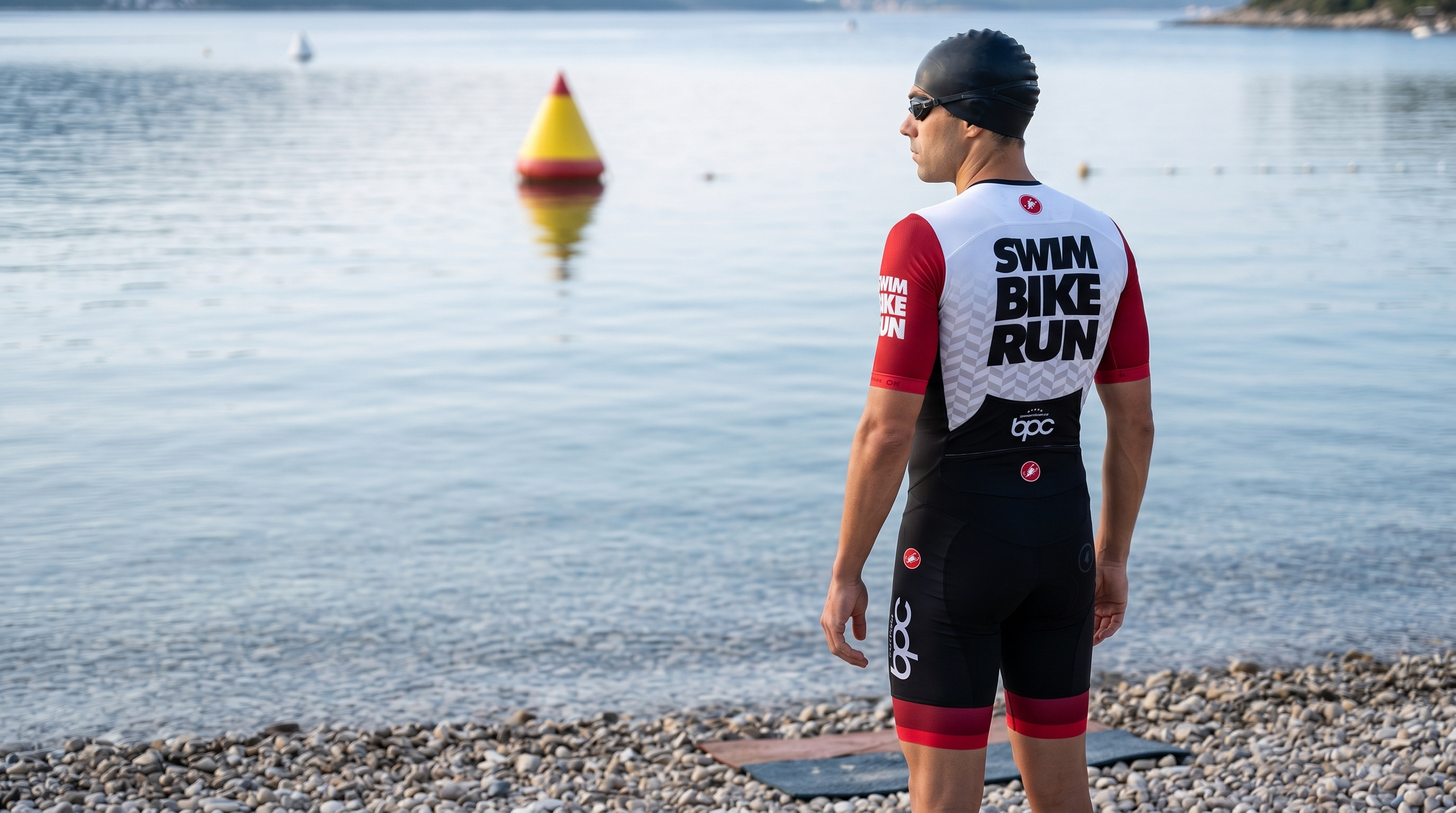 Triathlète BPC au bord de l’eau avant un départ eau libre, regard vers une bouée de repère