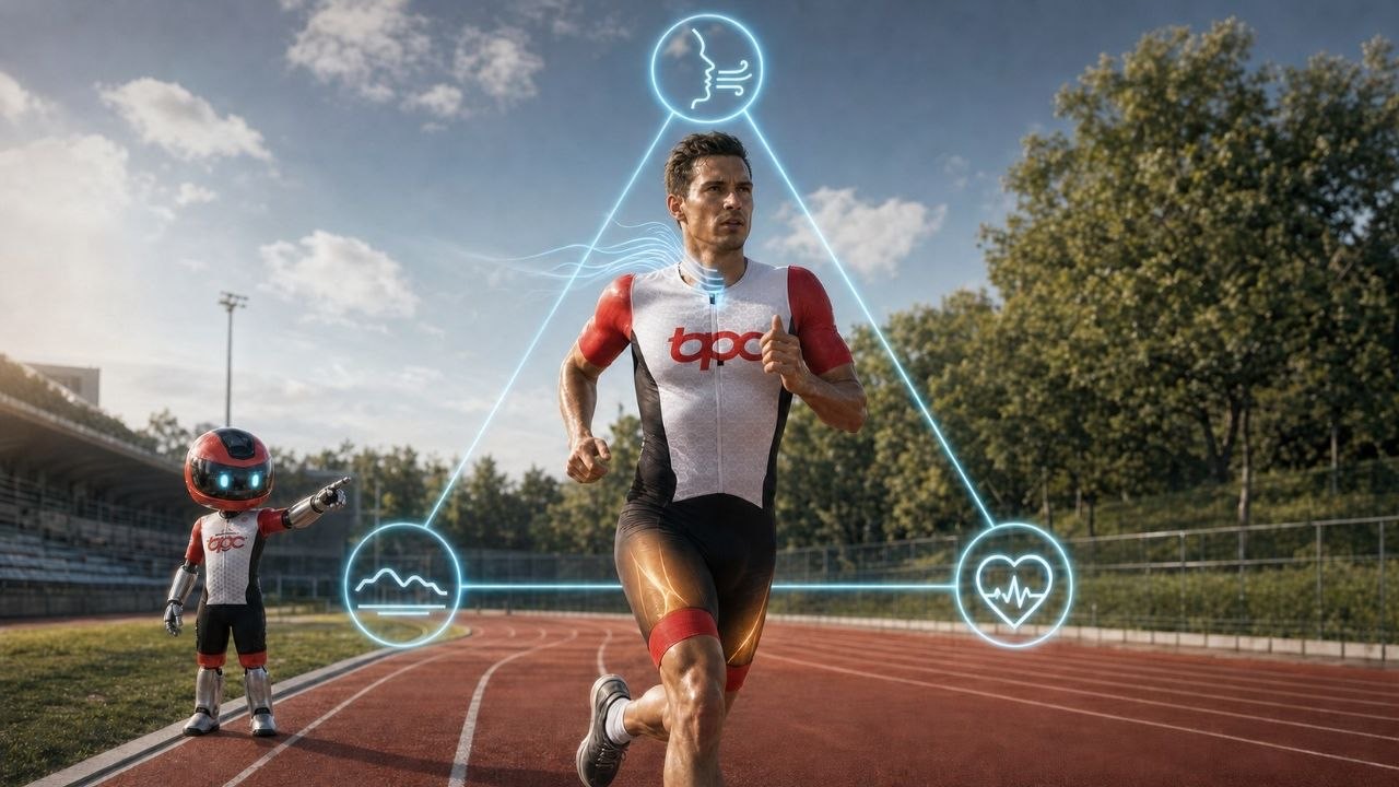 Triathlète BPC reliant perception de l’effort, production externe et réponse cardiaque sur une piste.