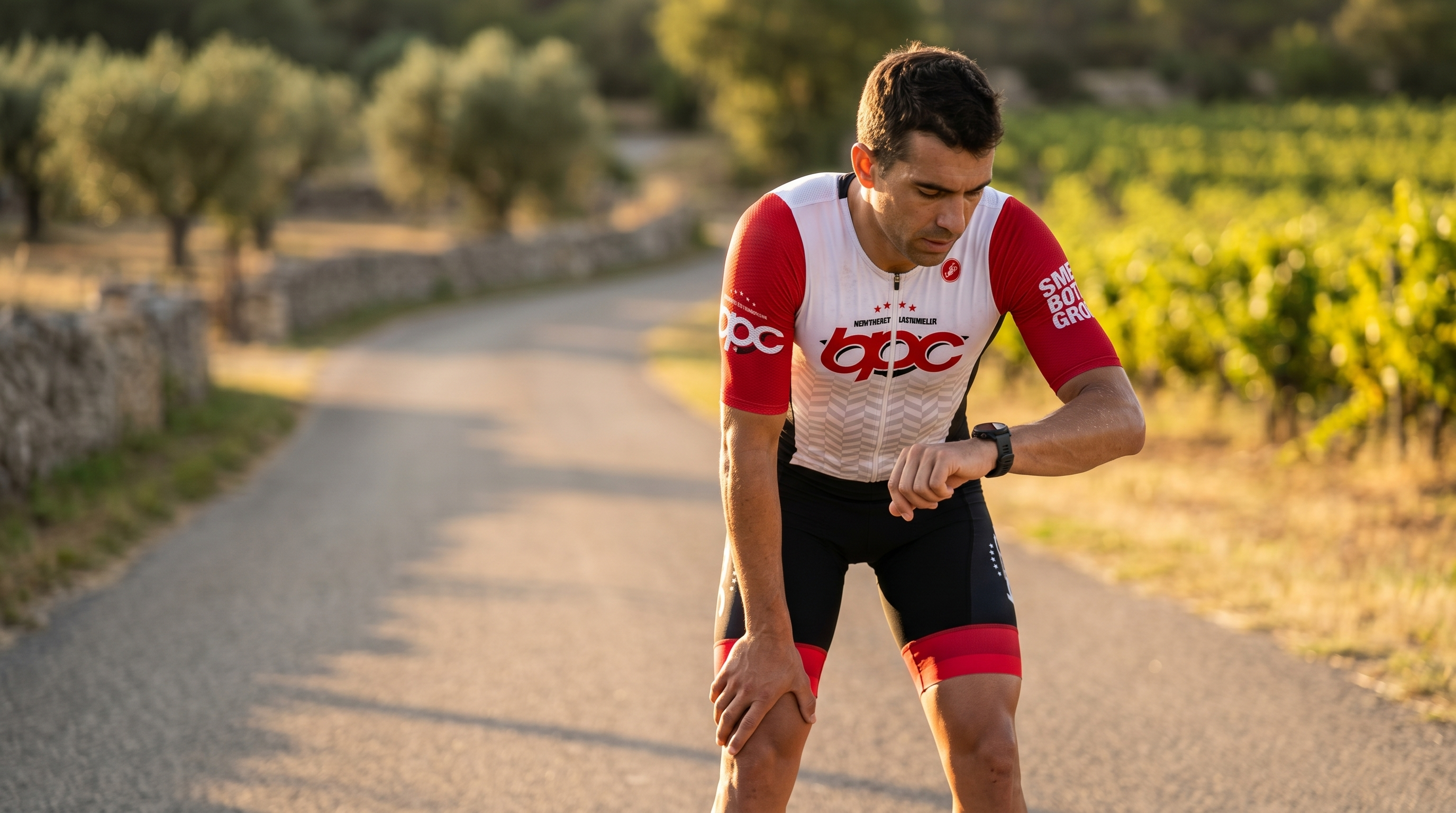 Triathlète en tenue BPC arrêté sur une route, penché sur sa montre dans un contexte de fatigue et de décision d’entraînement