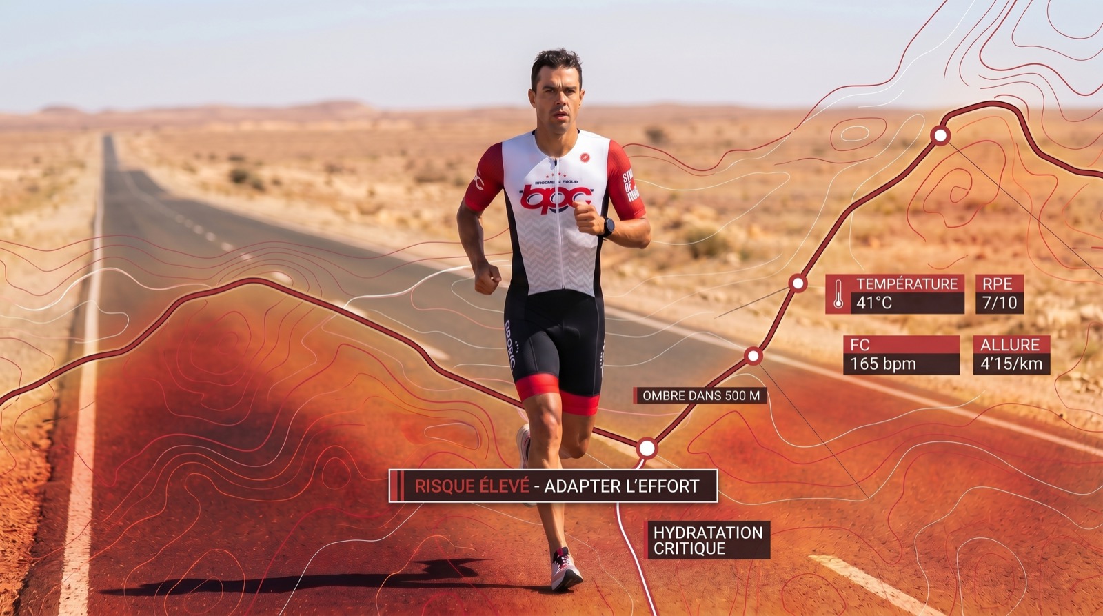 Triathlète BPC qui court sous forte chaleur avec des repères de monitoring