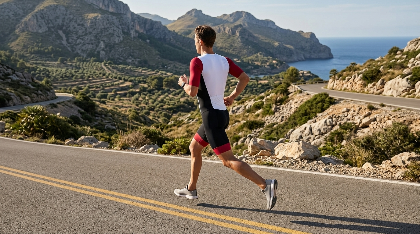 Triathlète non identifiable en tenue BPC rouge noir blanc courant sur une route côtière vallonnée à Mallorca