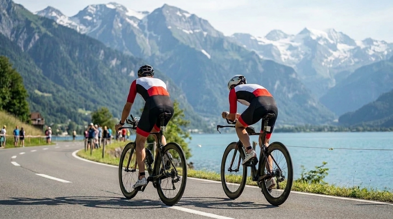 Triathlète longue distance en tenue BPC sur route alpine près du lac de Thun