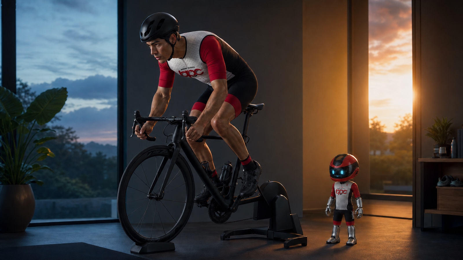 Triathlète BPC sur home trainer entre une ambiance matinale et une ambiance de fin de journée.