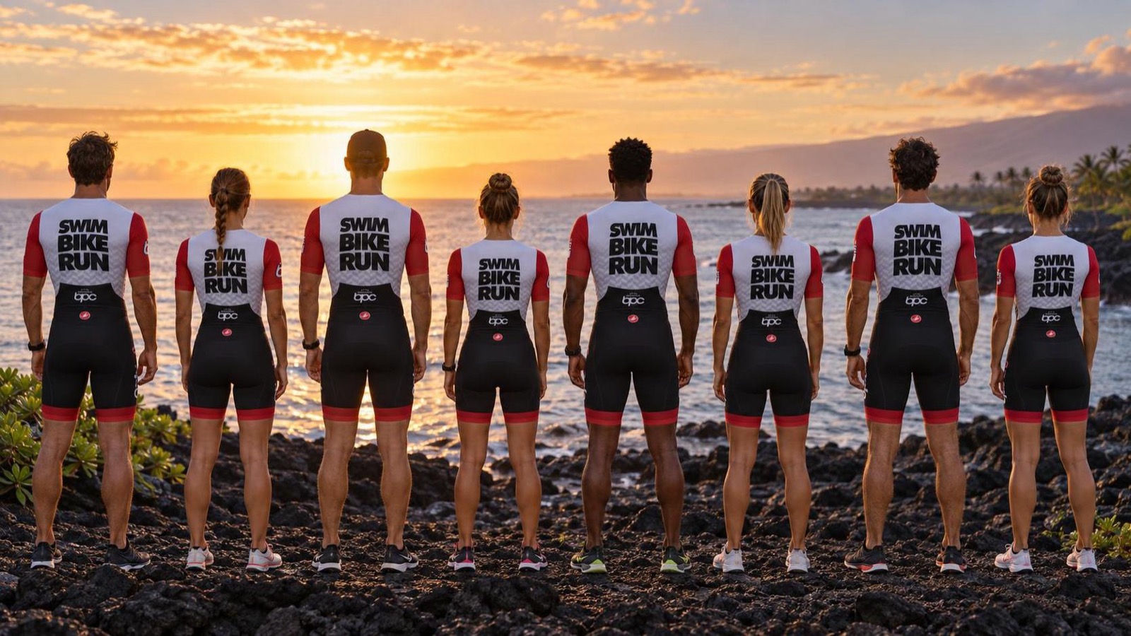 Illustration collective de huit triathlètes BPC face au littoral volcanique de Kona.
