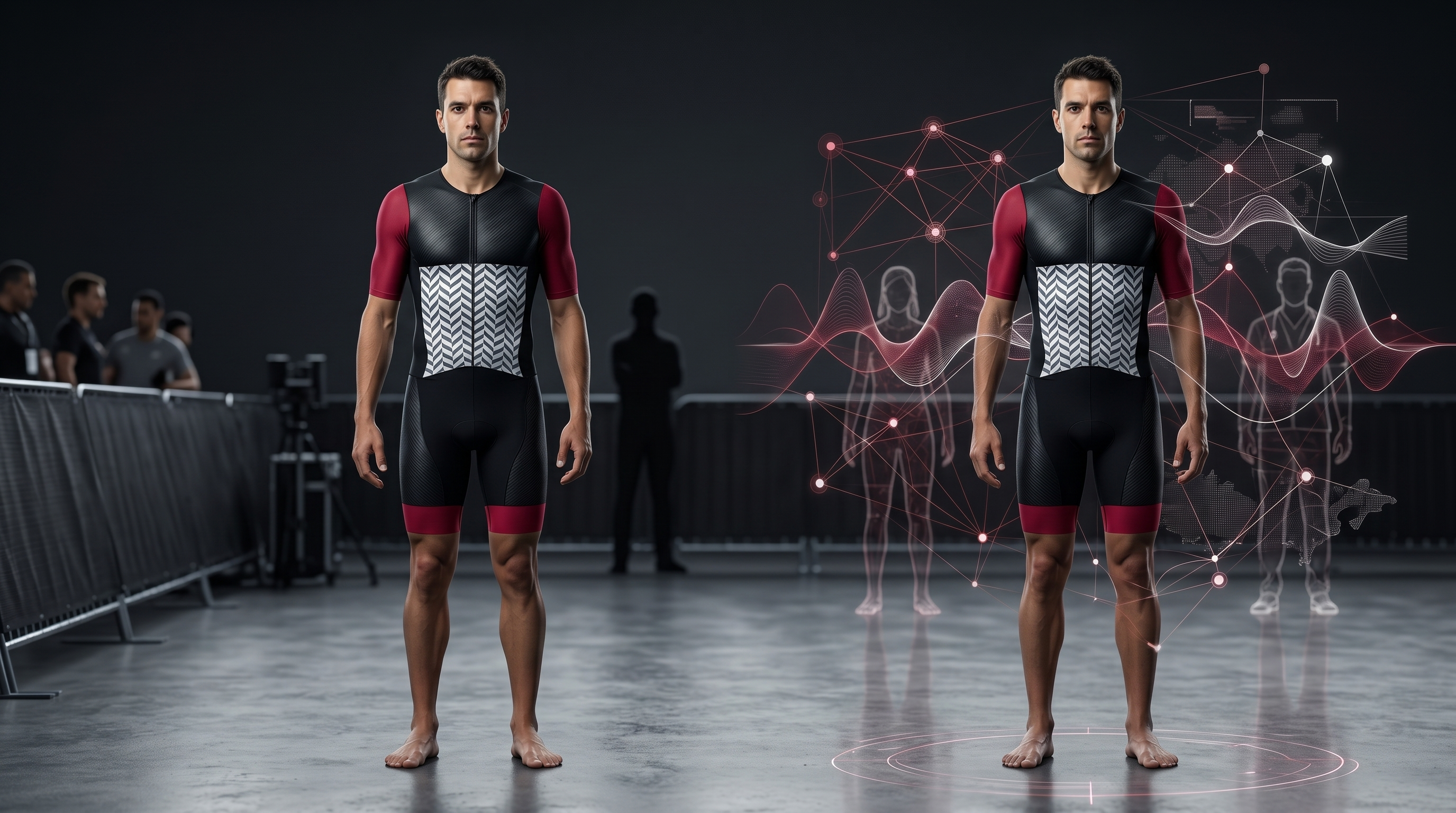 Deux triathlètes comparables dans un environnement sombre, l’un sans système visible et l’autre entouré d’hologrammes de monitoring biologique et d’IA