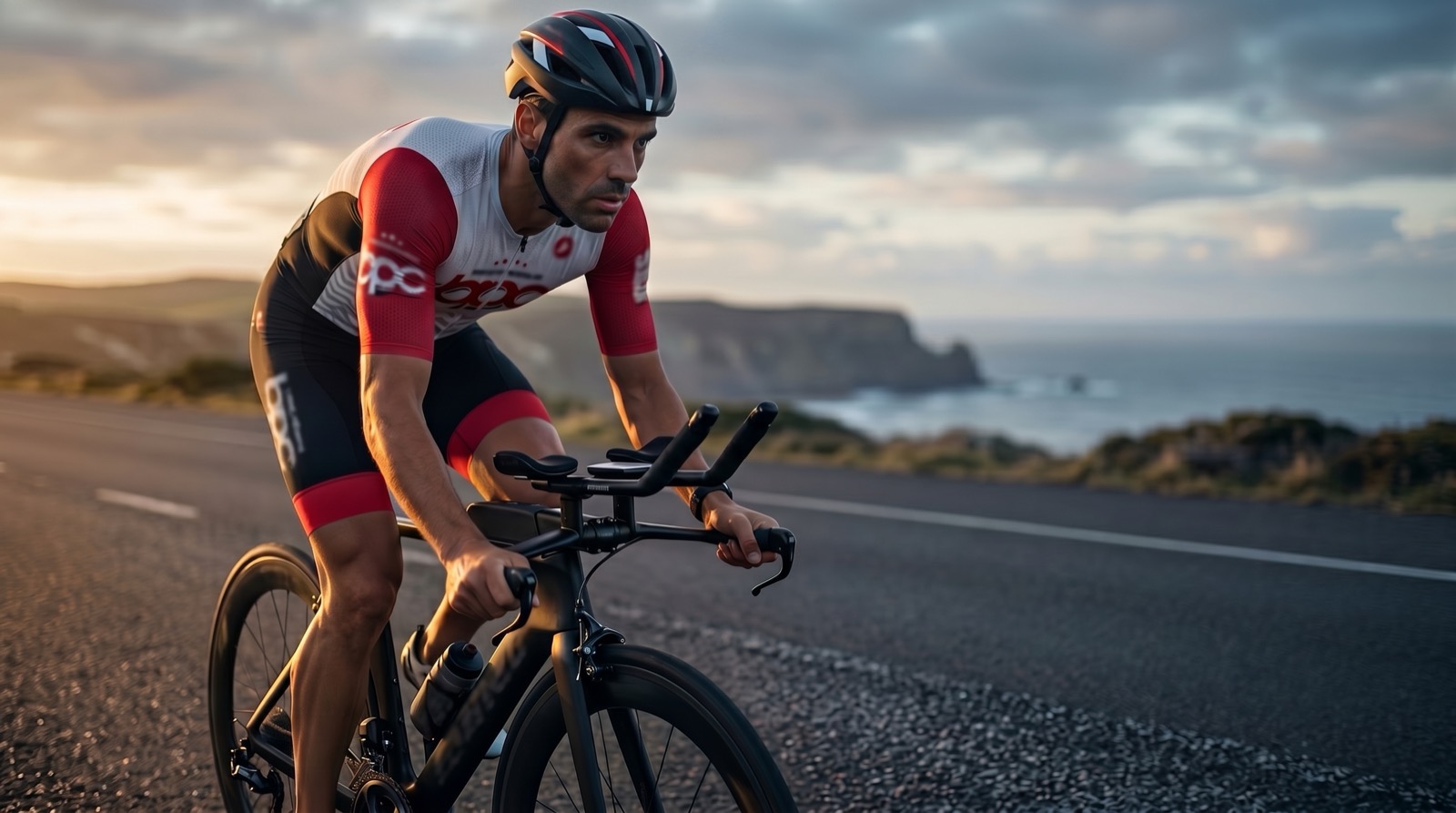 Triathlète BPC à vélo sur une route côtière, utilisé pour illustrer la lecture de la charge d'entraînement
