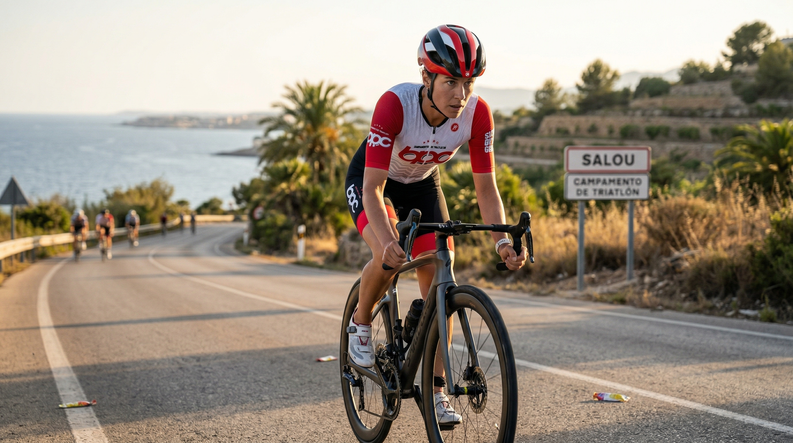 Triathlète en trisuit BPC à l'entraînement sur route côtière méditerranéenne