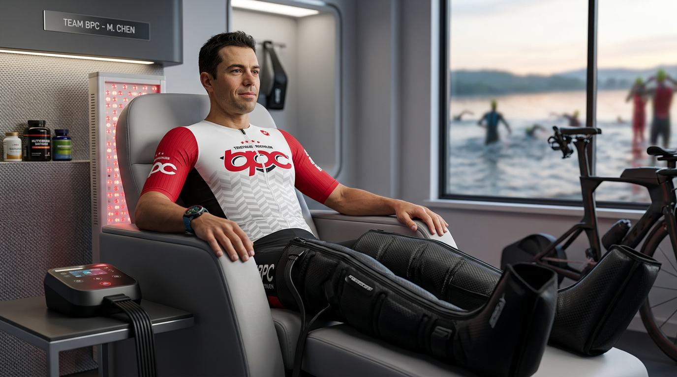 Triathlète en bottes de compression récupération
