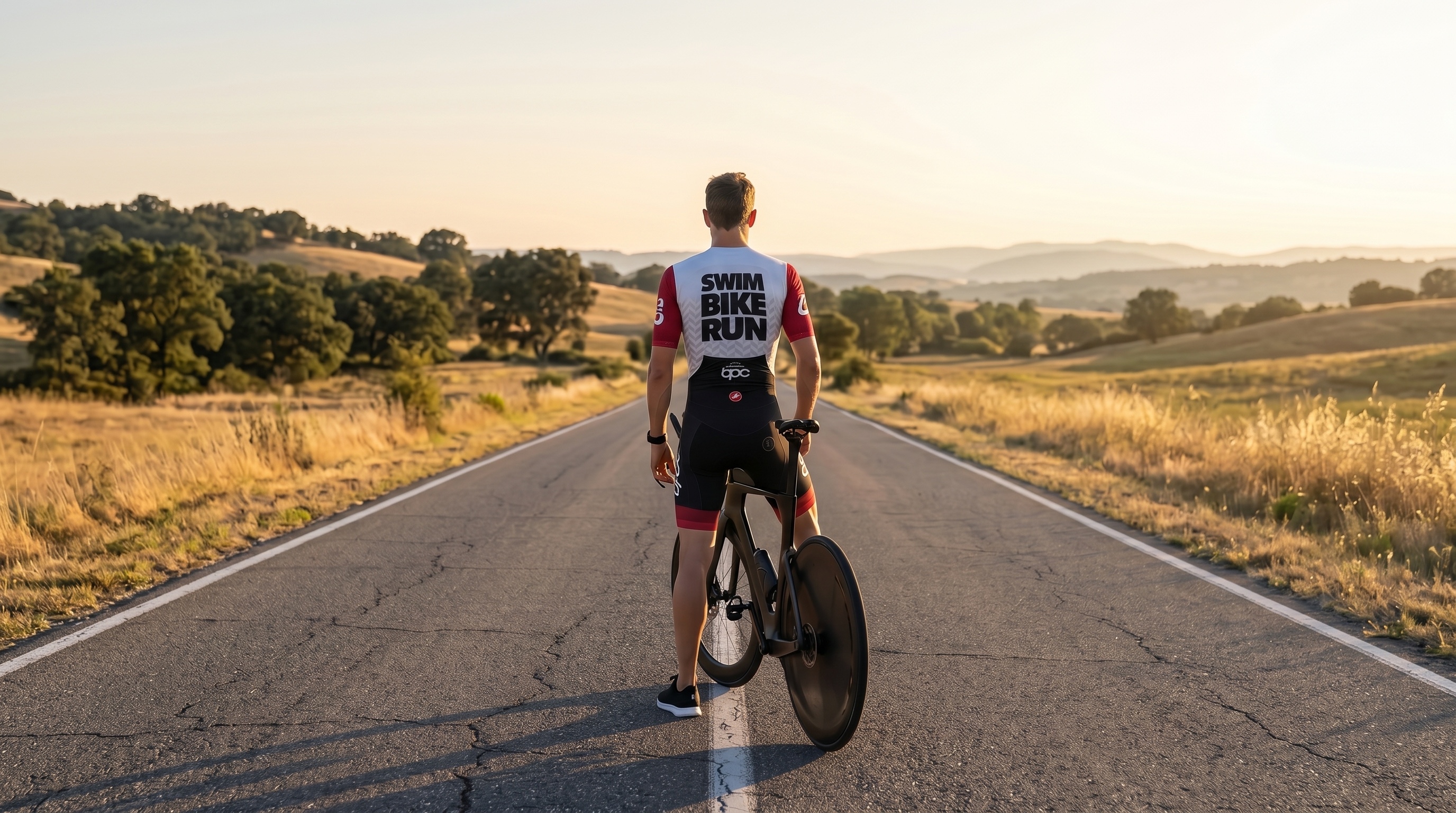 Triathlète BPC vu de dos sur une route qui continue vers l'horizon, symbole d'une progression durable en triathlon