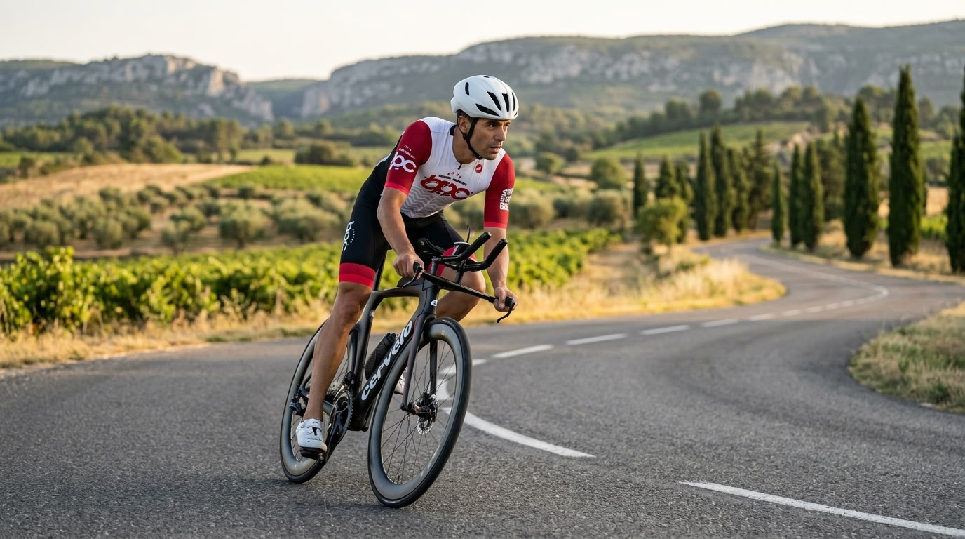 Triathlète BPC en position de pilotage dans un virage de descente sur route vallonnée