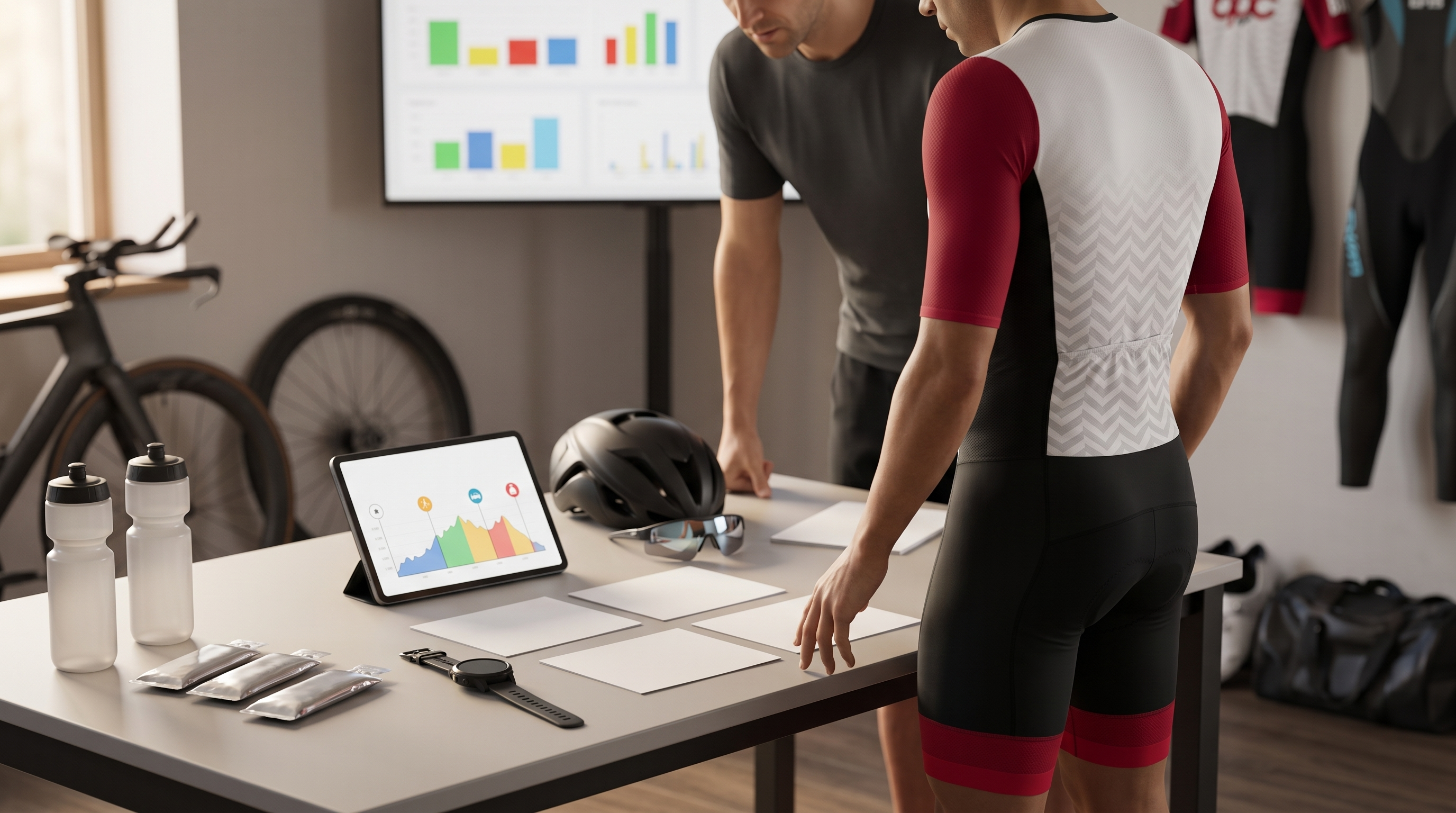 Triathlète BPC préparant son plan B de course Longue Distance avec ravitaillements et montre de sport