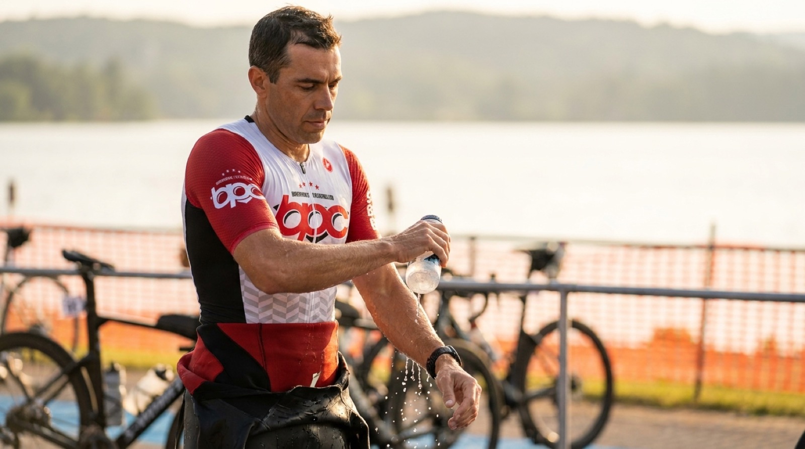 Triathlète BPC en zone de départ chaude, avant-bras refroidis avant la natation