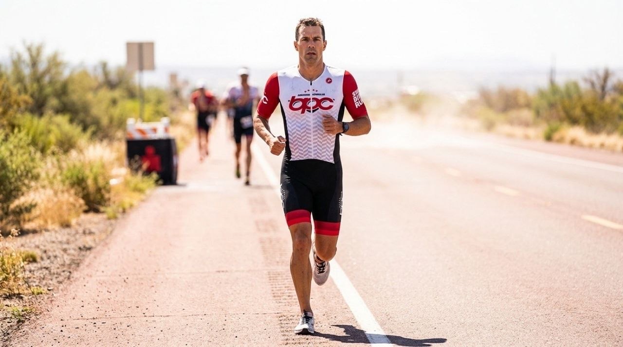 Triathlète BPC qui court sous plein soleil pendant une préparation chaleur