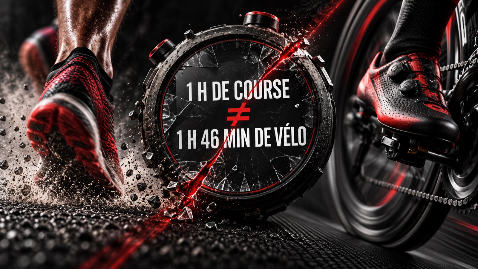Une chaussure de course et une chaussure de cyclisme séparées par un chronomètre fissuré, avec le rappel qu’une heure de course ne vaut pas automatiquement une heure quarante-six de vélo.