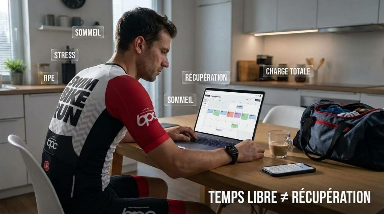 Triathlète BPC devant un agenda numérique avec une fatigue subtile