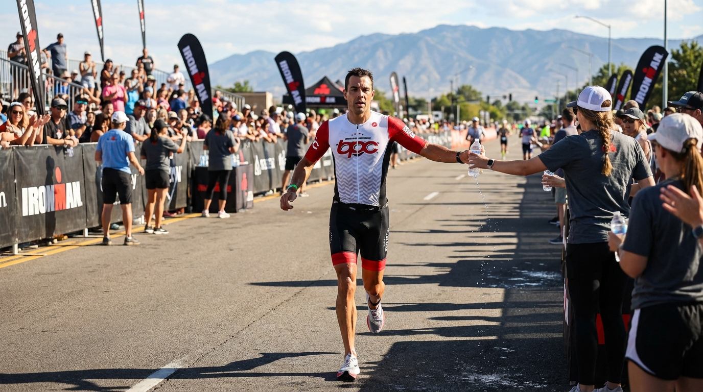 Triathlète BPC en effort sous forte chaleur, ajustant son pacing avec lucidité