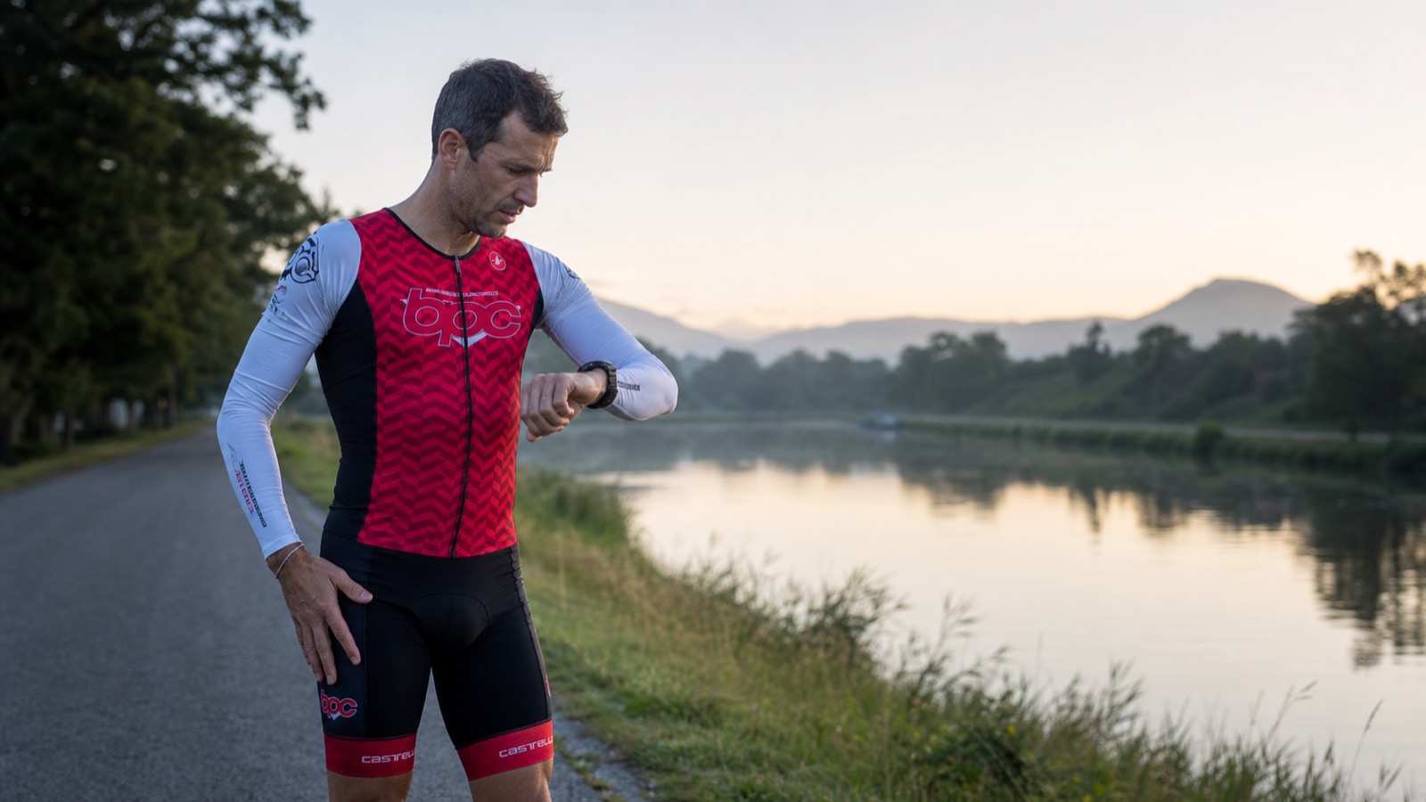 Triathlète BPC évaluant ses sensations et sa montre avant une séance au lever du jour